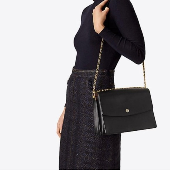 Authentic TORY BURCH Logo Chain Shoulder Bag Leather Black - Picture 1 of 13